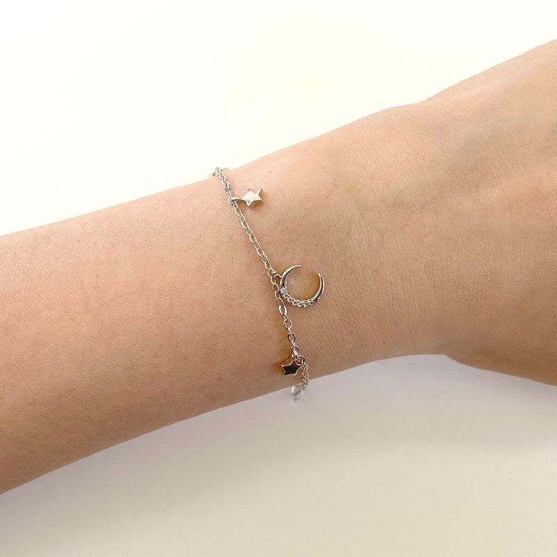 Crescent Bracelet, Moon and Stars Bracelet, Celestial Bracelet, 925 Sterling Silver, Dainty Silver Charm Bracelet, CZ Pave Dangle Bracelet