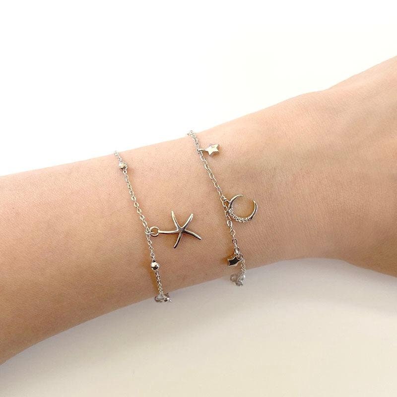 Crescent Bracelet, Moon and Stars Bracelet, Celestial Bracelet, 925 Sterling Silver, Dainty Silver Charm Bracelet, CZ Pave Dangle Bracelet