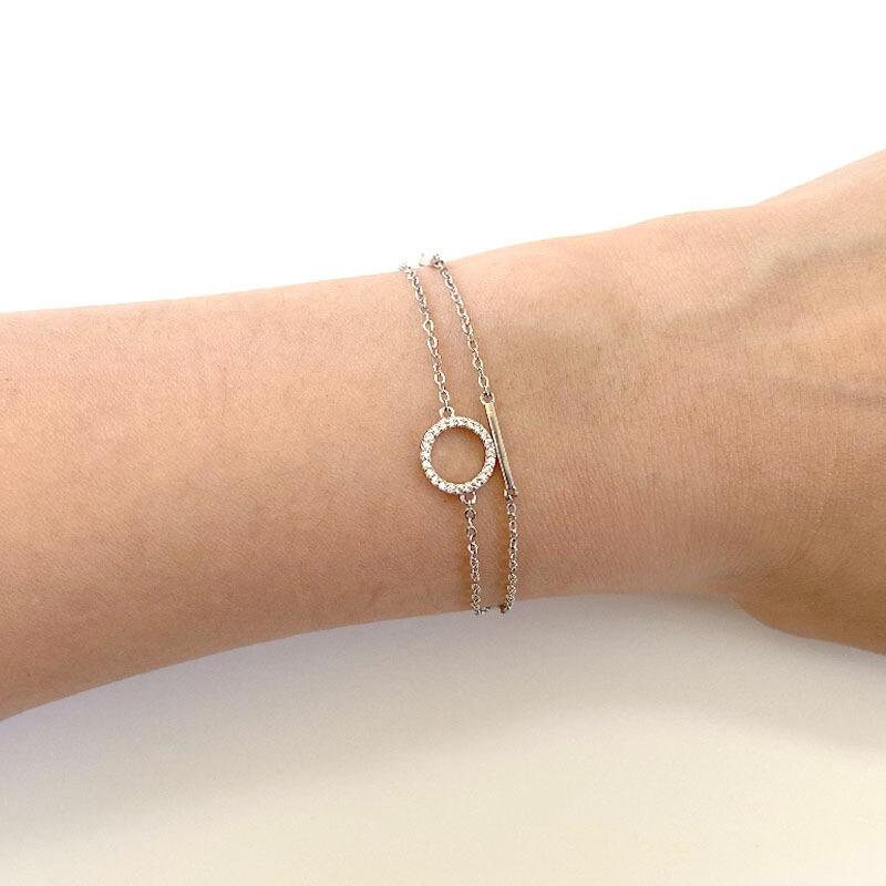 Dainty Silver Bracelet, Double Layer Circle Bracelet, Round Crystal Bracelet, Multi Strand Silver Bracelet, CZ Halo Bracelet, Karma Bracelet