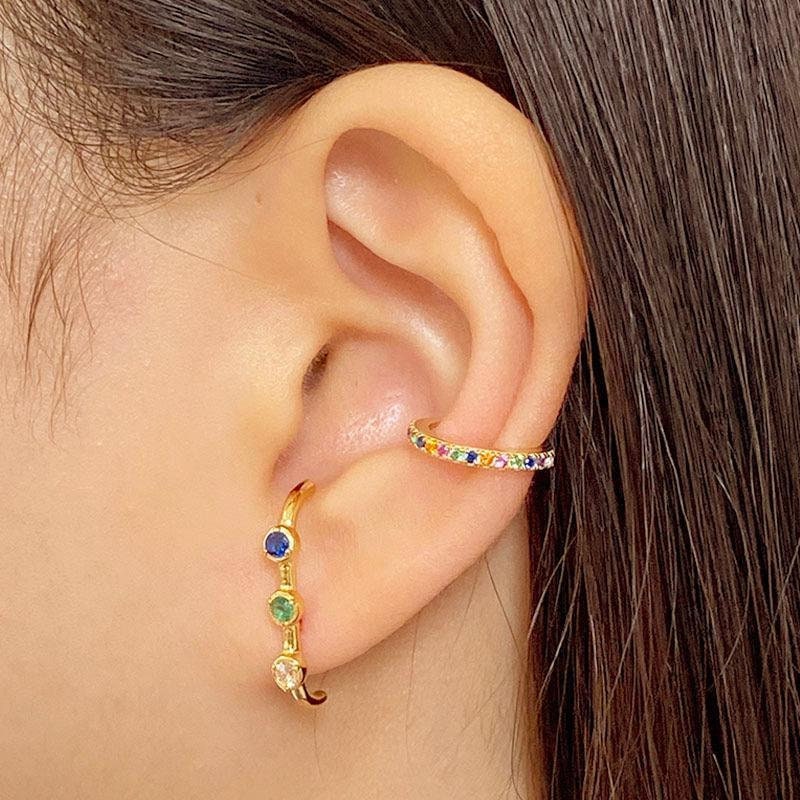 Rainbow Cuff Earrings, Colorful CZ Hoop, Gold Ear Cuff, Multicolor CZ Conch Jewelry, Dainty Cartilage Cuff, Crystal Ear Cuff, Midi Ear Cuff