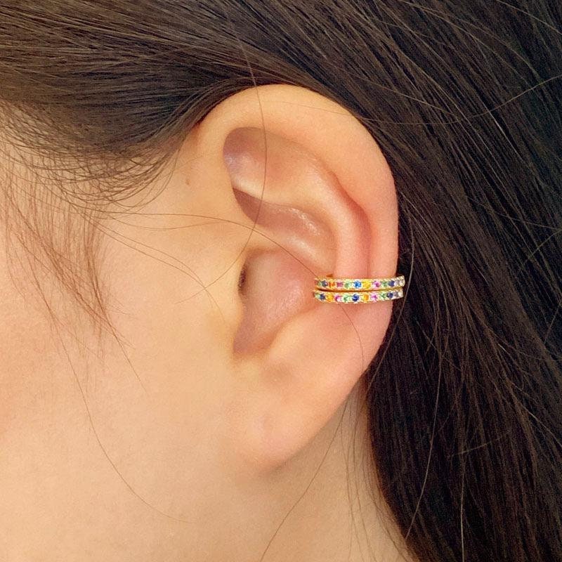 Rainbow Cuff Earrings, Colorful CZ Hoop, Gold Ear Cuff, Multicolor CZ Conch Jewelry, Dainty Cartilage Cuff, Crystal Ear Cuff, Midi Ear Cuff