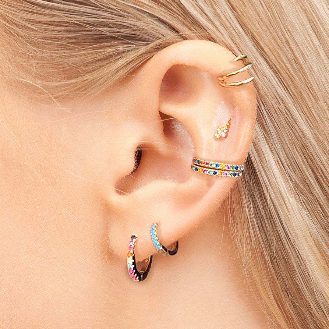 Rainbow Cuff Earrings, Colorful CZ Hoop, Gold Ear Cuff, Multicolor CZ Conch Jewelry, Dainty Cartilage Cuff, Crystal Ear Cuff, Midi Ear Cuff