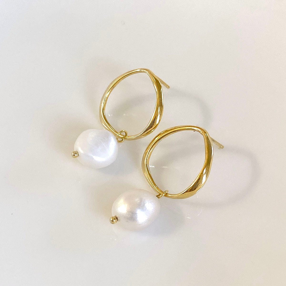 Large Pearl Hoop Earrings, Freshwater Pearl Drop Earrings, Pearl Gold Hoop Studs, Natural Pearl Hoops, 18K Gold Vermeil Earrings for Women