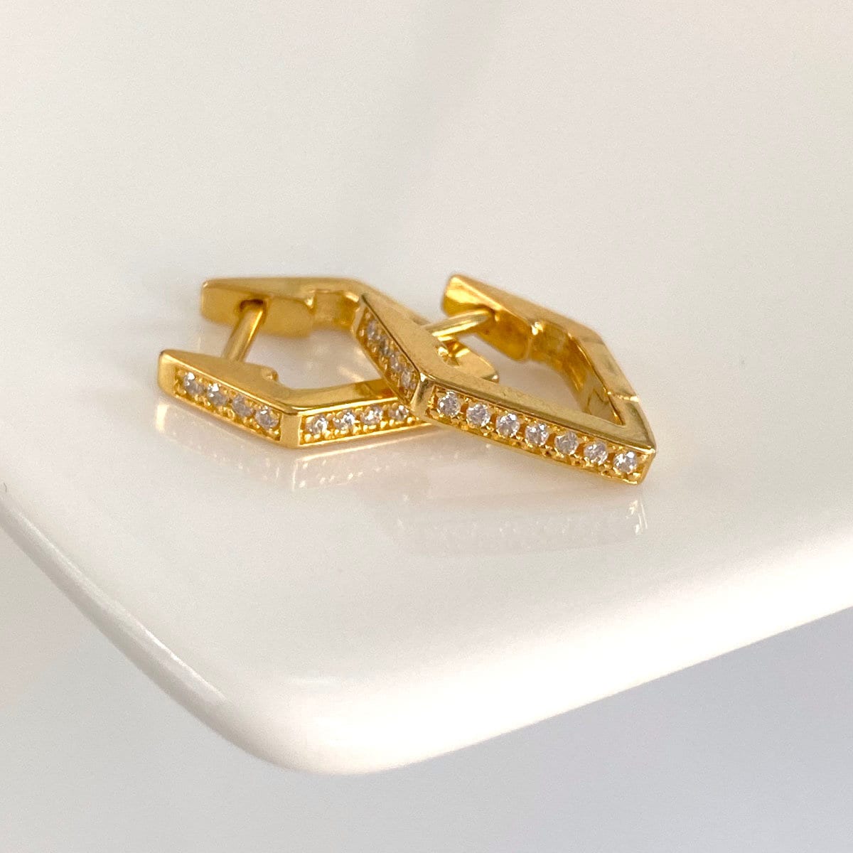 Dainty Gold Hoop Earrings, Minimalist Earrings, Geometric Hoops, Pentagon Huggies, Gold Vermeil Hoops with CZ Crystals, Small Diamond Hoops