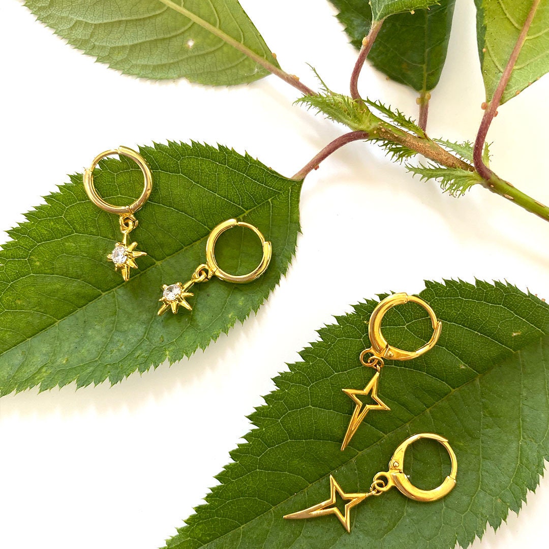 North Star Gold Hoops, 18K Gold Vermeil, Star Dangle Hoop Earrings, Gold Star Drop Earrings, Dainty Star Huggies, Celestial Gold Hoops