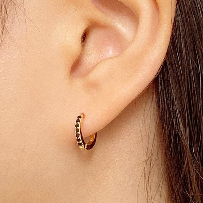 Black Crystal Earrings, Black CZ Huggie Hoop Earrings, Black Dainty Earrings, Small Pave Hoops, Black Gemstone Earrings, 18K Gold Vermeil