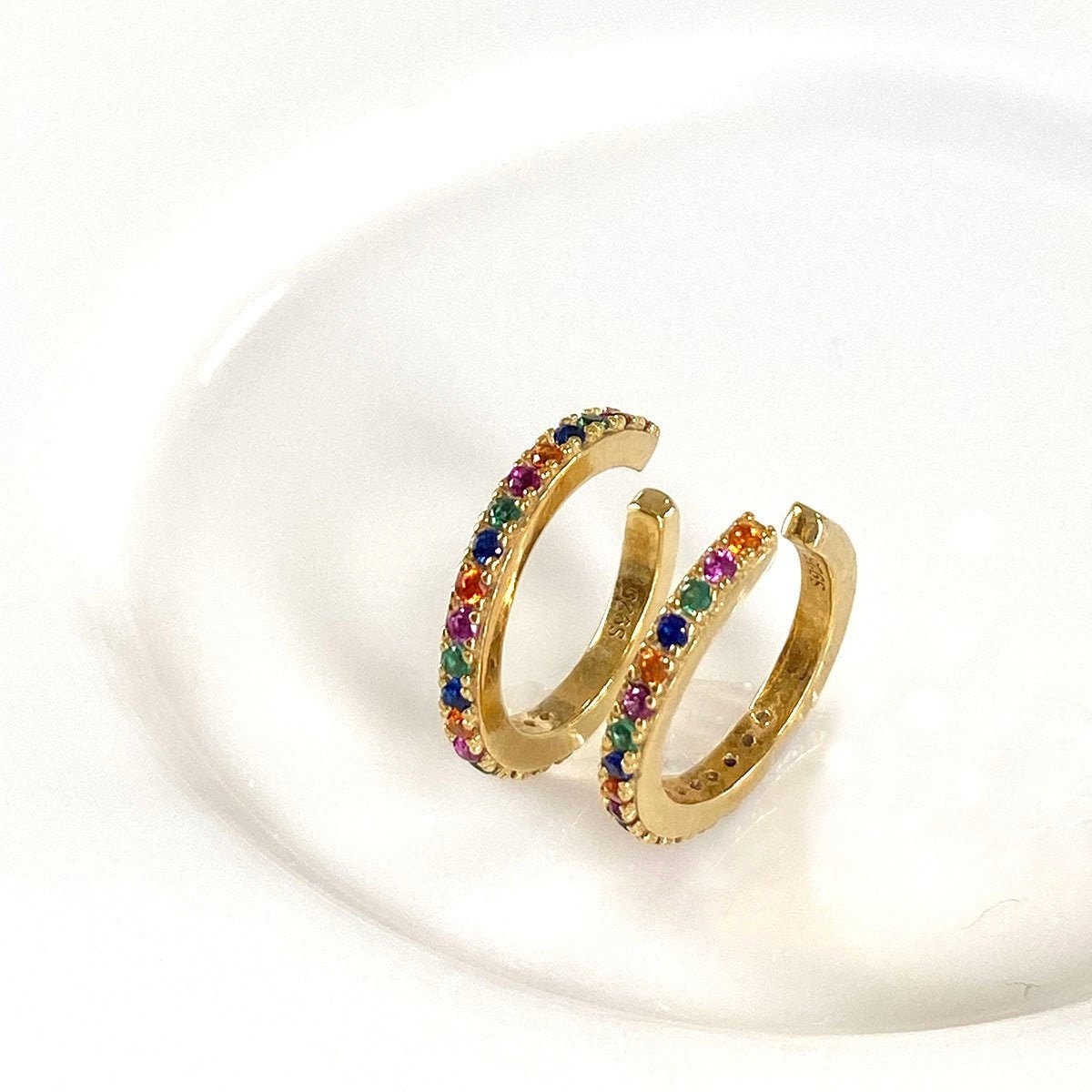 Rainbow Cuff Earrings, Colorful CZ Hoop, Gold Ear Cuff, Multicolor CZ Conch Jewelry, Dainty Cartilage Cuff, Crystal Ear Cuff, Midi Ear Cuff