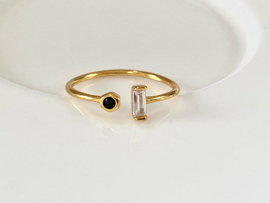 Dainty Baguette & Round CZ Open Ring, Tiny Black White CZ Ring, Open Gemstone Ring, Adjustable Ring, Small Crystal Cuff Ring, Stacking Ring