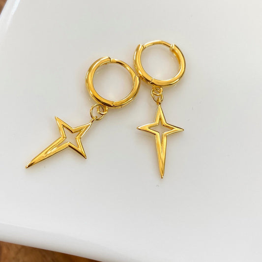 North Star Gold Hoops, 18K Gold Vermeil, Star Dangle Hoop Earrings, Gold Star Drop Earrings, Dainty Star Huggies, Celestial Gold Hoops