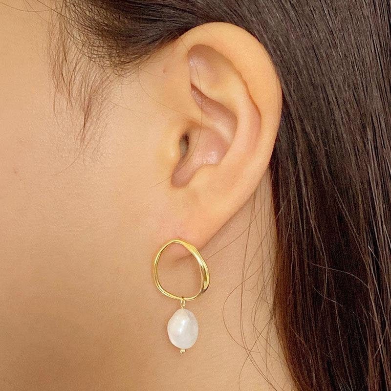 Large Pearl Hoop Earrings, Freshwater Pearl Drop Earrings, Pearl Gold Hoop Studs, Natural Pearl Hoops, 18K Gold Vermeil Earrings for Women