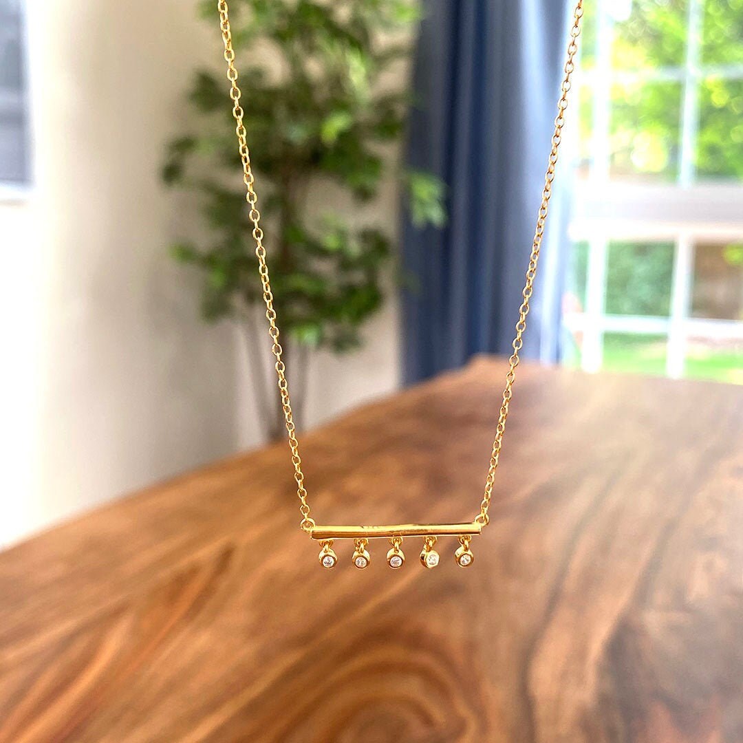 Dainty Bar Charm Necklace, Minimalist Necklace, 18K Gold Vermeil, Tiny Bar with Dangling CZ Gemstones, Thin Gold Necklace, Trapeze Necklace