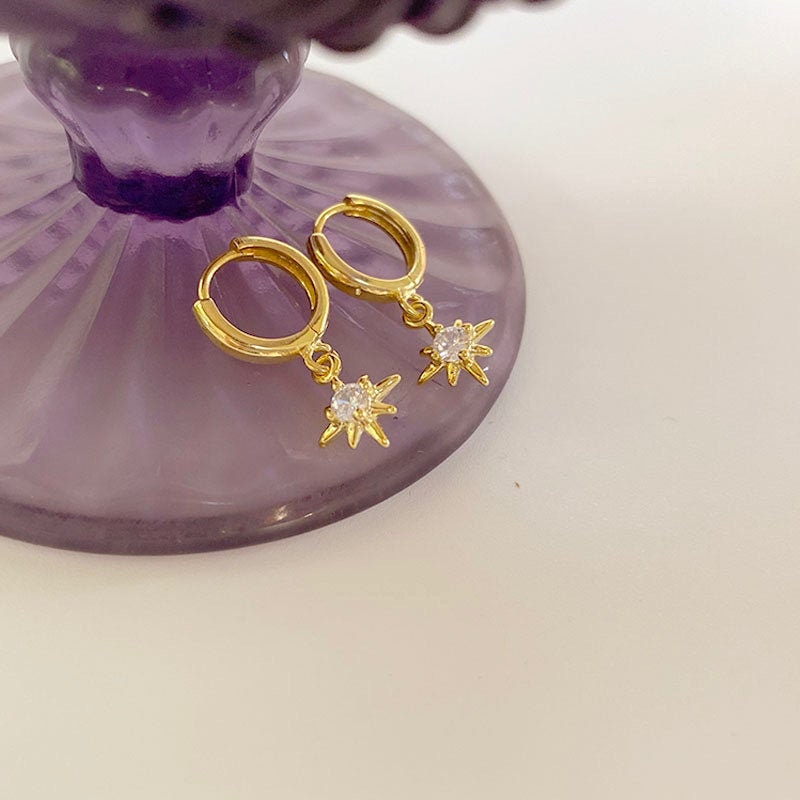 Starburst Earrings, Star Huggie Hoops, Small Gold Vermeil Hoops, Star Charm Earrings, Dainty Gold Huggies, Dangling CZ Star Earrings, Gift