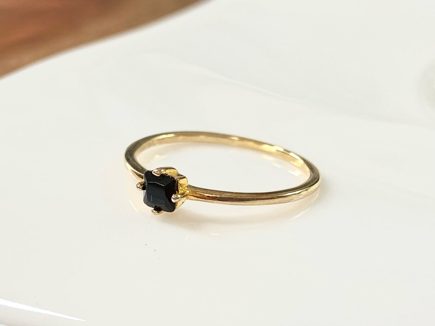 Small Black Stone Ring, Black Crystal Ring, Mini Black CZ Ring, Black Diamond Ring, Black Square Gemstone, Stacking Ring, Gold Vermeil Ring