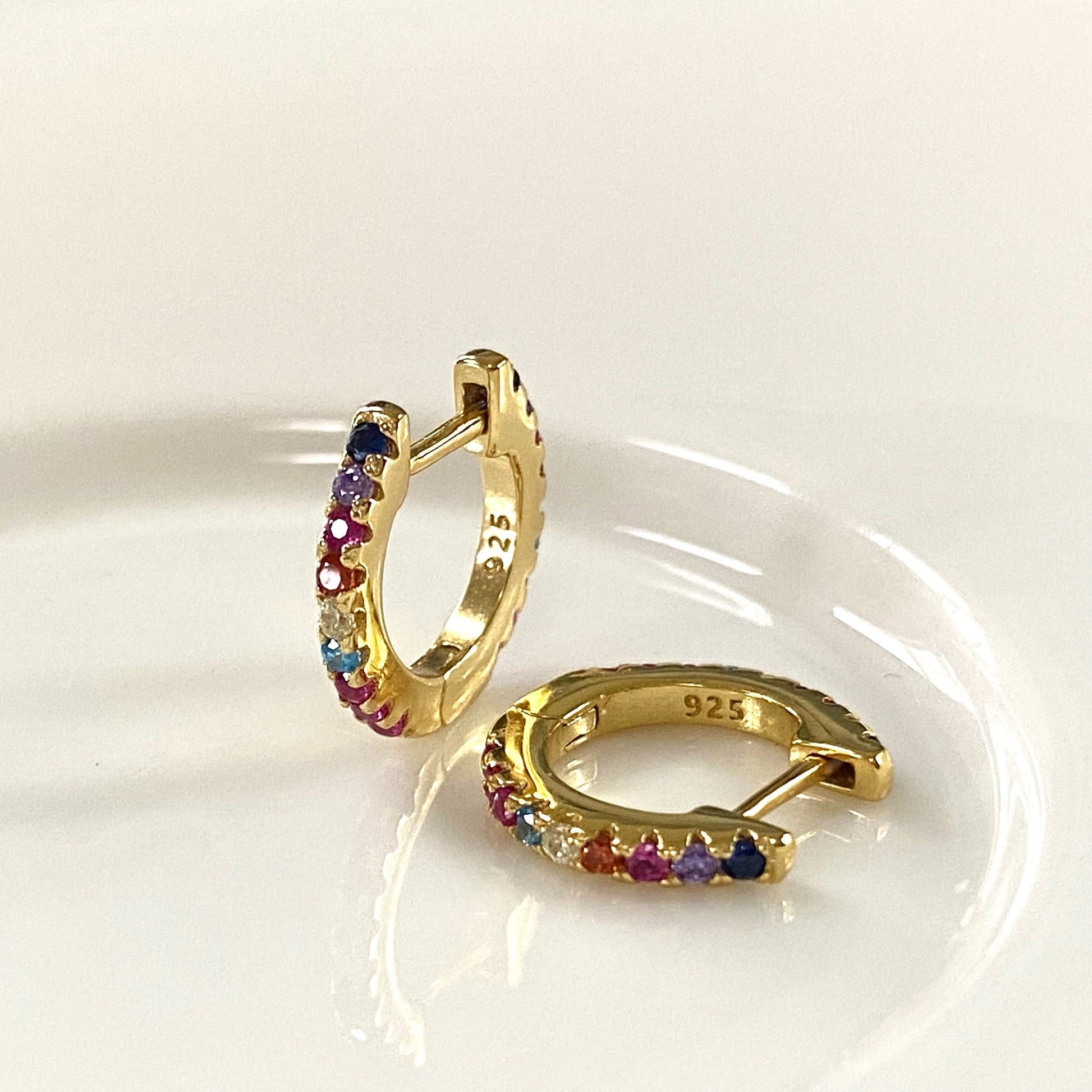 Rainbow Huggie Hoop Earrings, Colorful Gemstone Earrings, CZ Pave Rainbow Color Hoops, Multi-Color Crystal Huggie Hoops, 18K Gold Vermeil