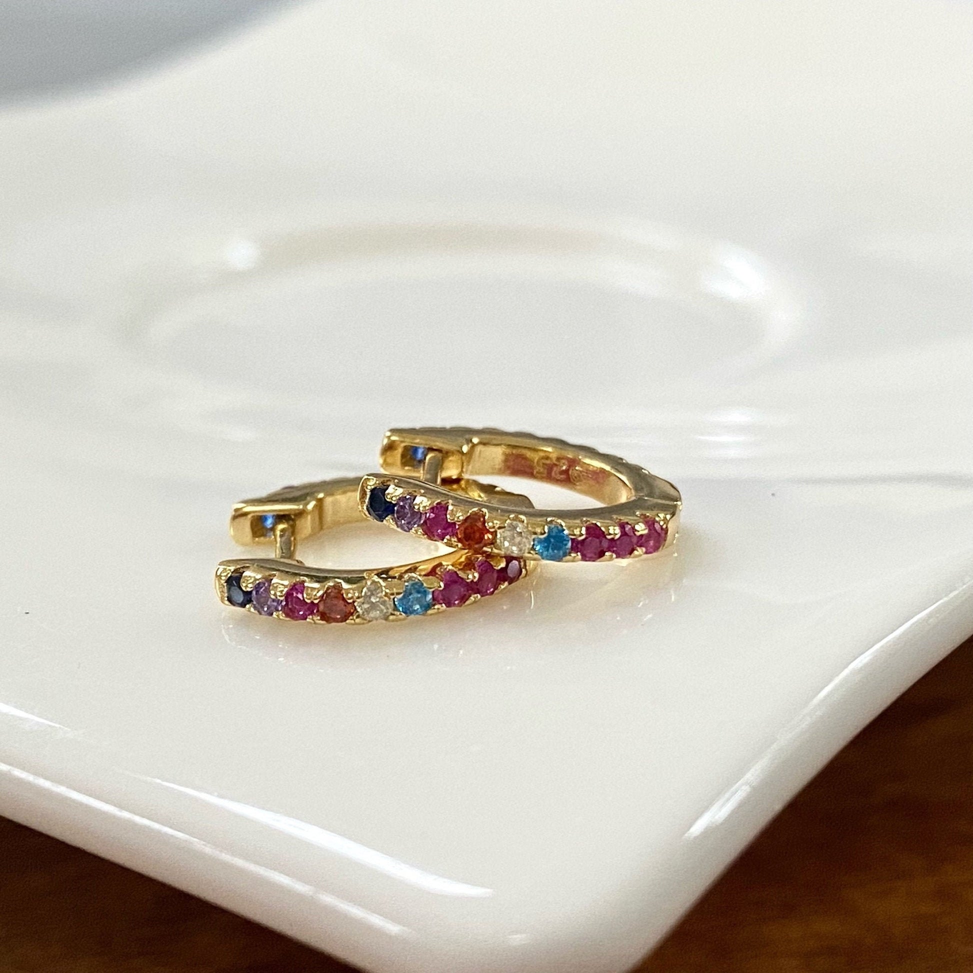 Rainbow Huggie Hoop Earrings, Colorful Gemstone Earrings, CZ Pave Rainbow Color Hoops, Multi-Color Crystal Huggie Hoops, 18K Gold Vermeil