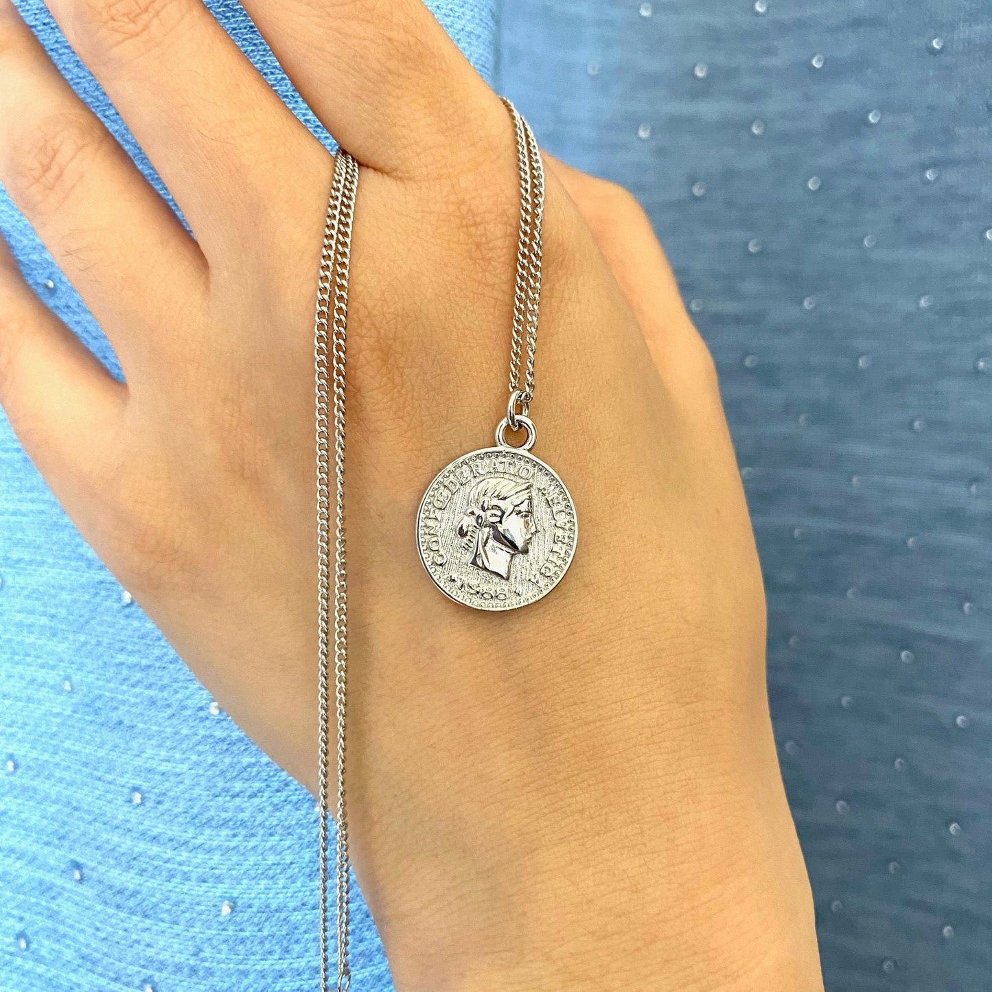 Silver Medallion Necklace, Silver Coin Pendant, Long Necklace with Pendant, Disk Necklace Silver For Women, Christmas Gift, Hypoallergenic