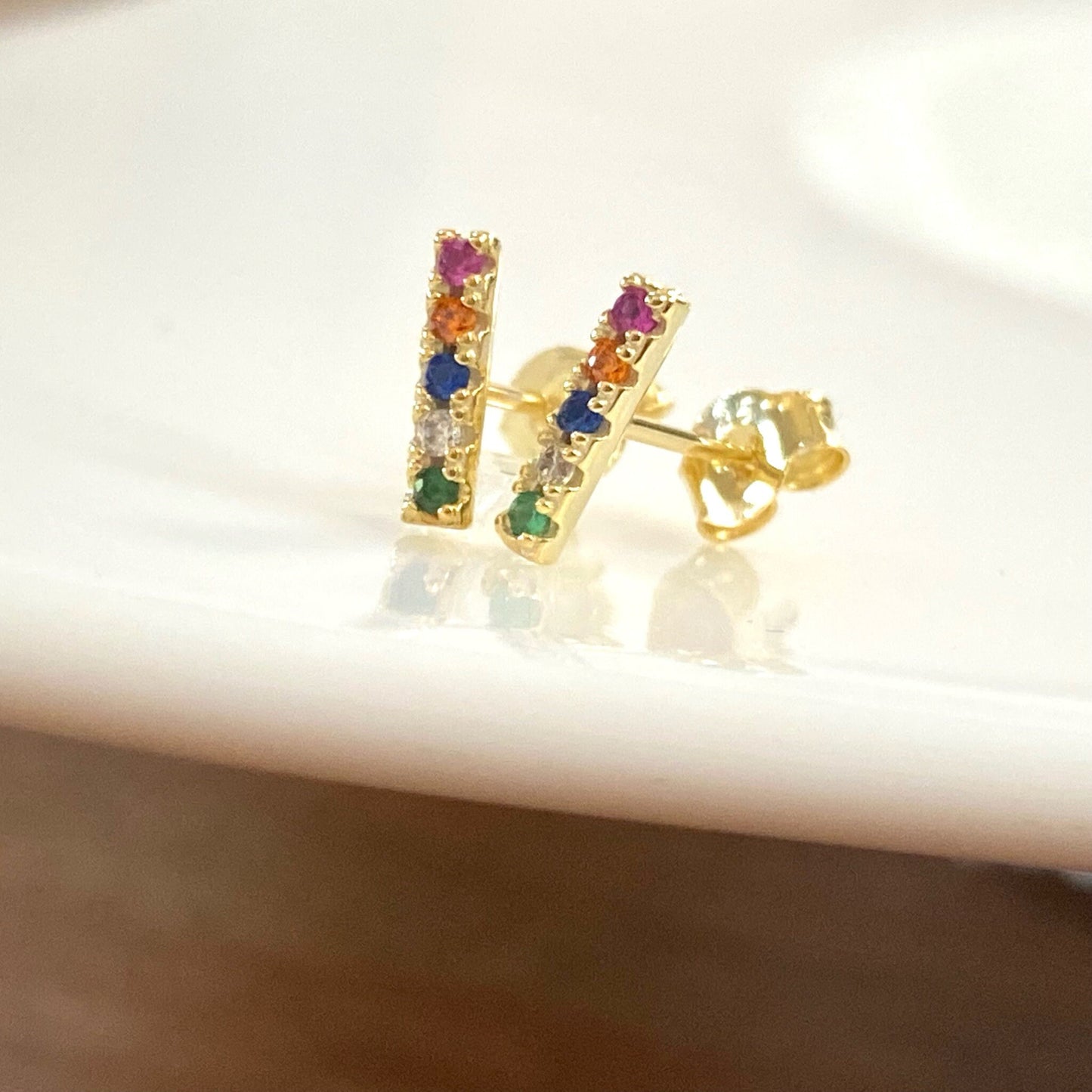 Rainbow Bar Stud Earrings, Dainty Multicolor CZ Studs, Cute Stud Earrings, Tiny Colored Studs, Colorful Gemstone Earrings, Petite Bar Studs