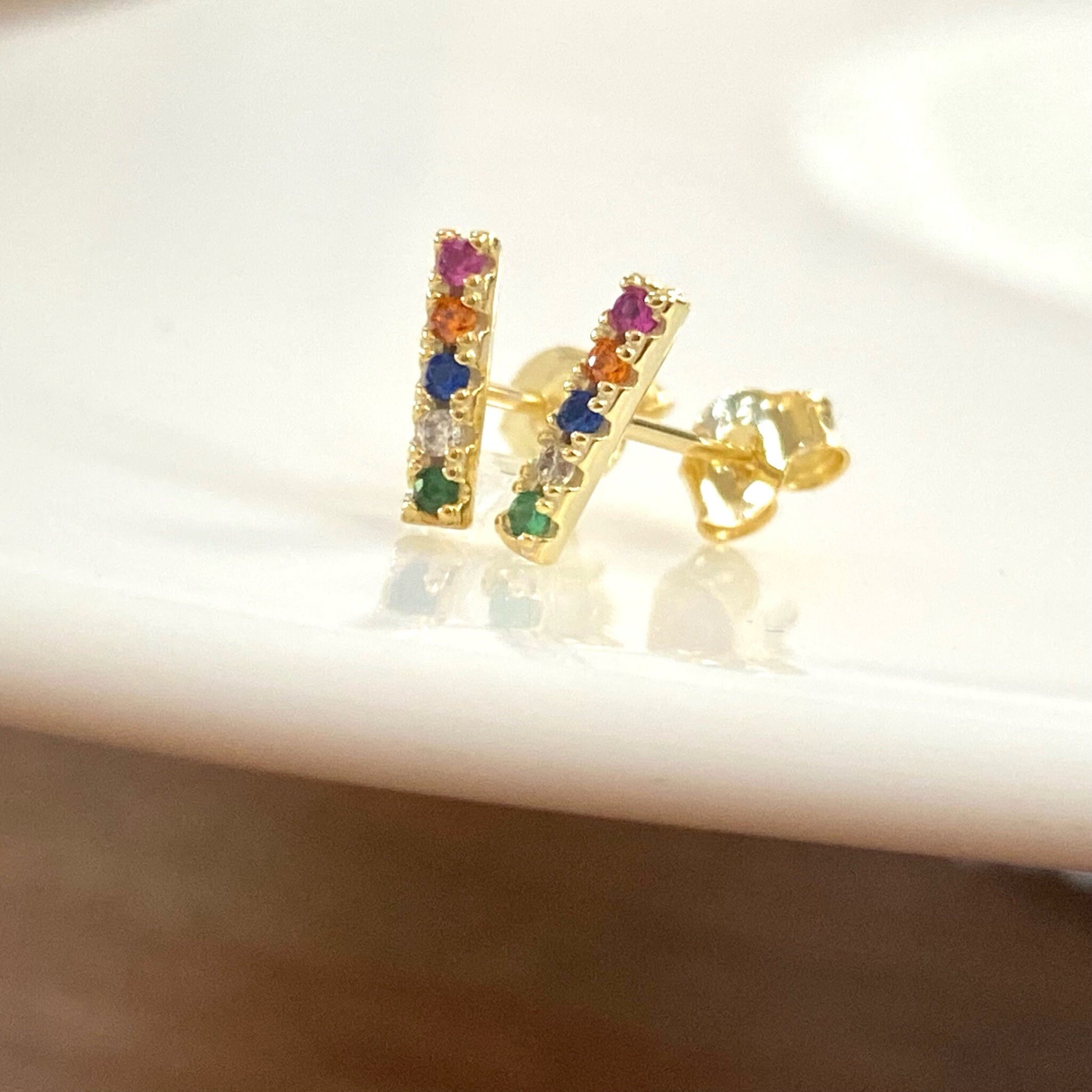 Rainbow Bar Stud Earrings, Dainty Multicolor CZ Studs, Cute Stud Earrings, Tiny Colored Studs, Colorful Gemstone Earrings, Petite Bar Studs