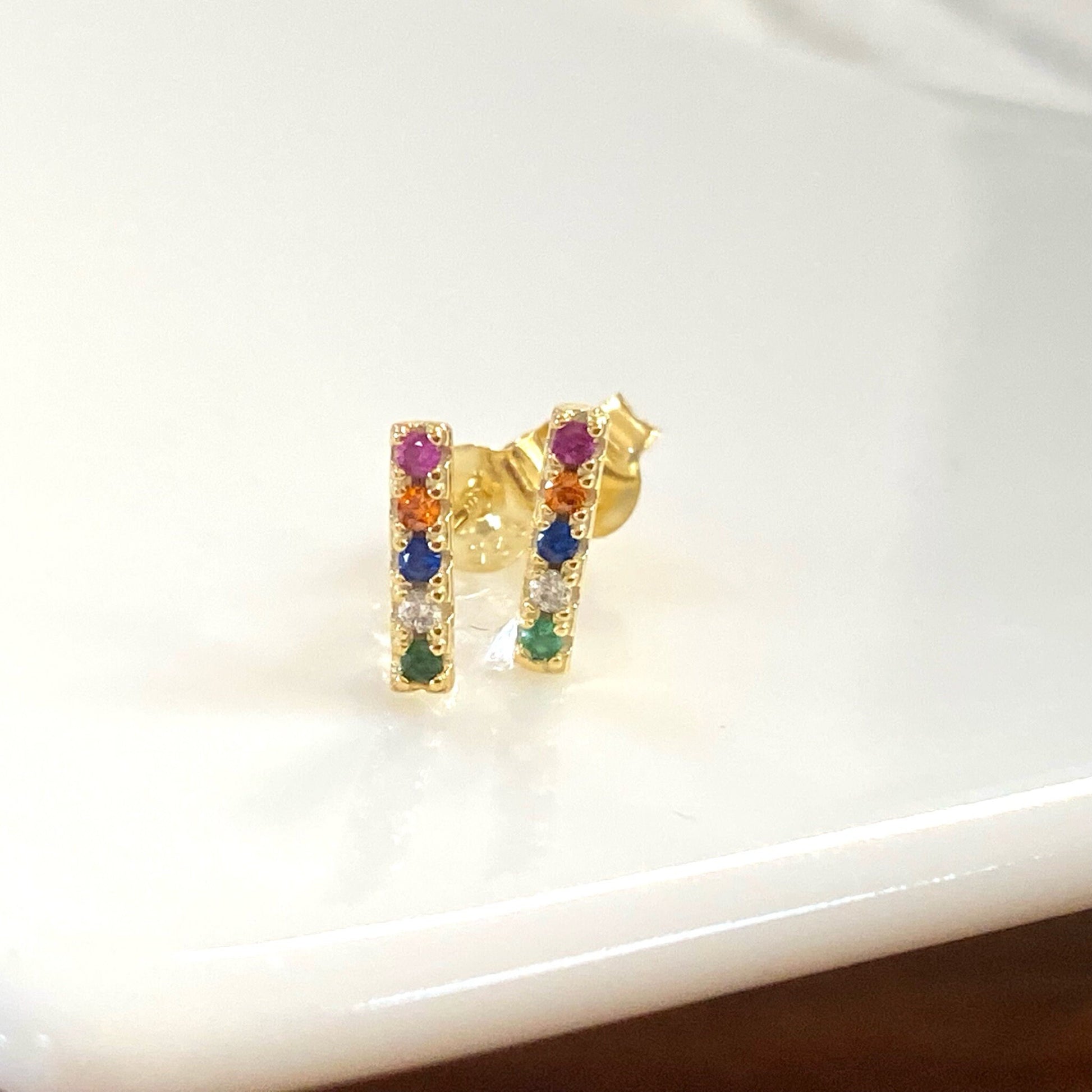 Rainbow Bar Stud Earrings, Dainty Multicolor CZ Studs, Cute Stud Earrings, Tiny Colored Studs, Colorful Gemstone Earrings, Petite Bar Studs