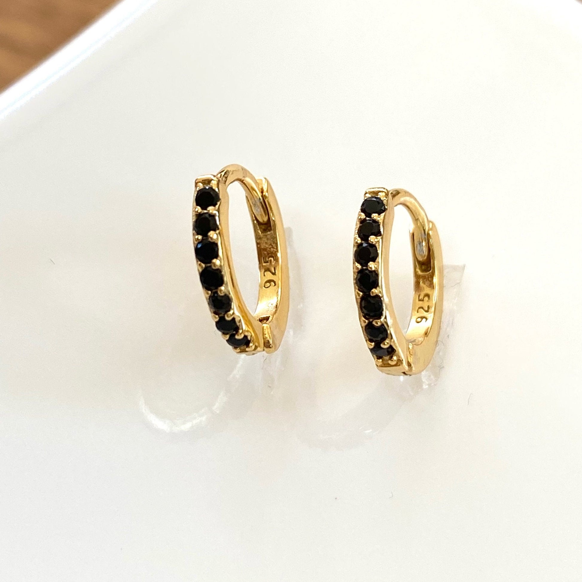 Black Crystal Earrings, Black CZ Huggie Hoop Earrings, Black Dainty Earrings, Small Pave Hoops, Black Gemstone Earrings, 18K Gold Vermeil